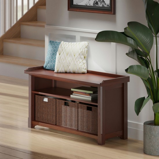 Milan 4-Pc Storage Bench with 3 Foldable Woven Baskets, Walnut