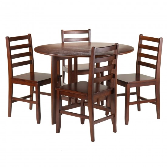 Alamo 5-Pc Round Drop Leaf Table with Flat Ladder-back Chairs, Walnut