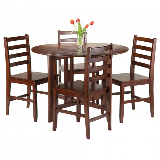 Alamo 5-Pc Round Drop Leaf Table with Flat Ladder-back Chairs, Walnut