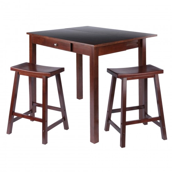 Perrone 3-Pc High Drop Leaf Table with Saddle Seat Counter Stools, Walnut