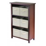 Verona 7-Pc Storage Shelf with 6 Foldable Fabric Baskets, Walnut and Beige