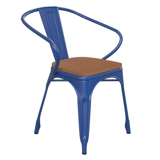 Luna Commercial Grade Blue Metal Chair-Teak Seat