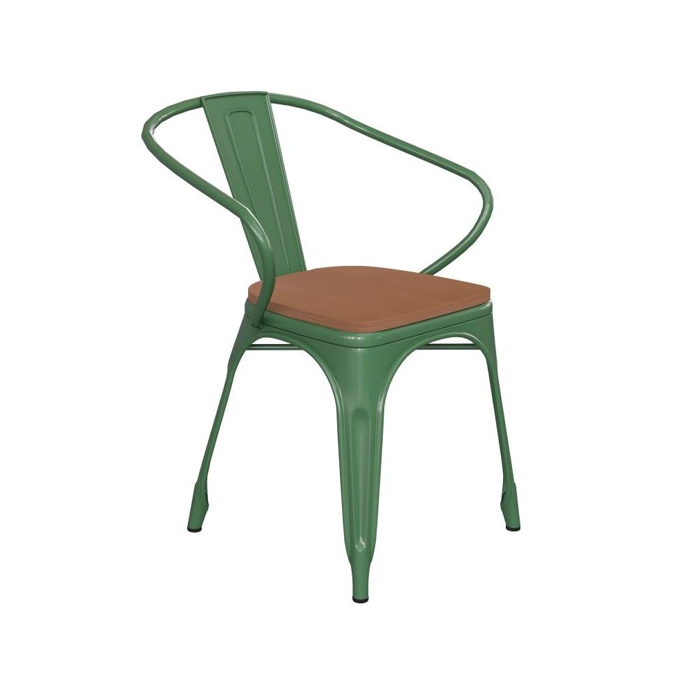 Luna Commercial Grade Green Metal Chair-Teak Seat