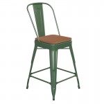 24" Green Metal Indoor-Outdoor Counter Height Stool-Teak Seat