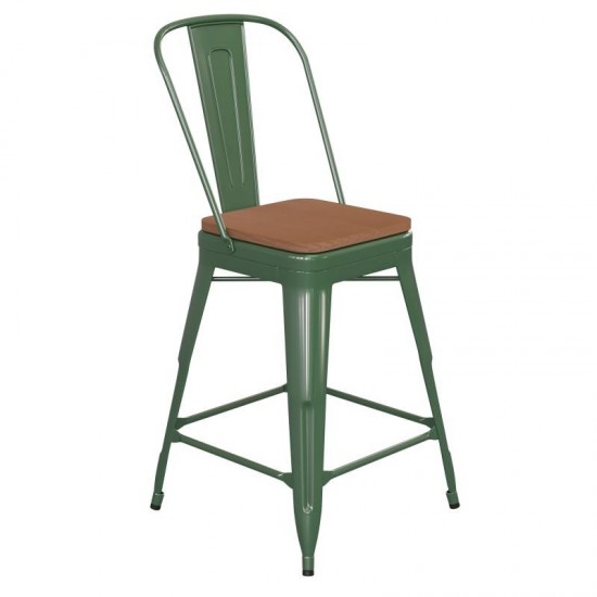 24" Green Metal Indoor-Outdoor Counter Height Stool-Teak Seat