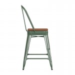 24" Green Metal Indoor-Outdoor Counter Height Stool-Teak Seat