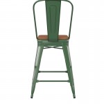 24" Green Metal Indoor-Outdoor Counter Height Stool-Teak Seat