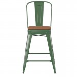 24" Green Metal Indoor-Outdoor Counter Height Stool-Teak Seat