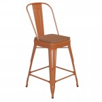 24" Orange Metal Indoor-Outdoor Counter HeightStool-Teak Seat