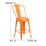 24" Orange Metal Indoor-Outdoor Counter HeightStool-Teak Seat