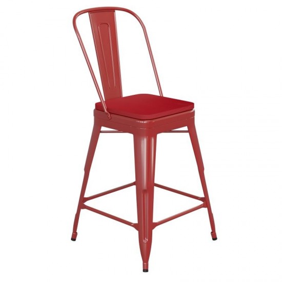 24" Red Metal Indoor-Outdoor Counter Height Stool-Red Seat