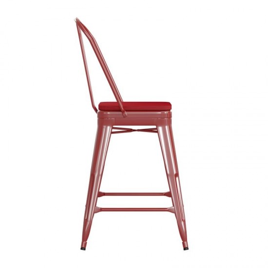 24" Red Metal Indoor-Outdoor Counter Height Stool-Red Seat