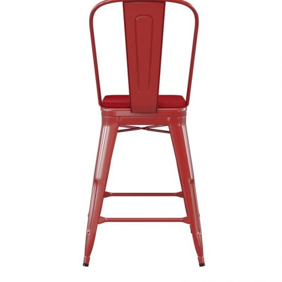 24" Red Metal Indoor-Outdoor Counter Height Stool-Red Seat