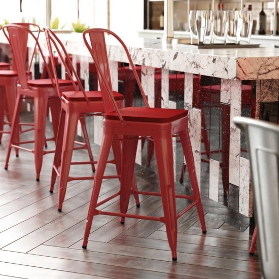 24" Red Metal Indoor-Outdoor Counter Height Stool-Red Seat