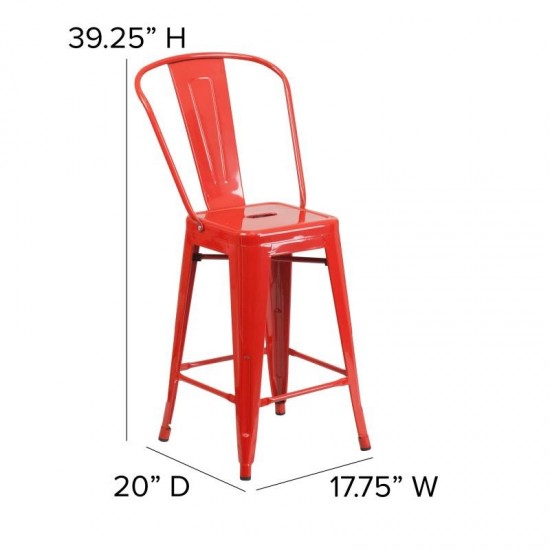 24" Red Metal Indoor-Outdoor Counter Height Stool-Red Seat