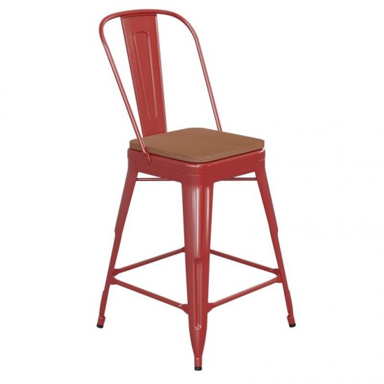 24" Red Stool-Teak Seat