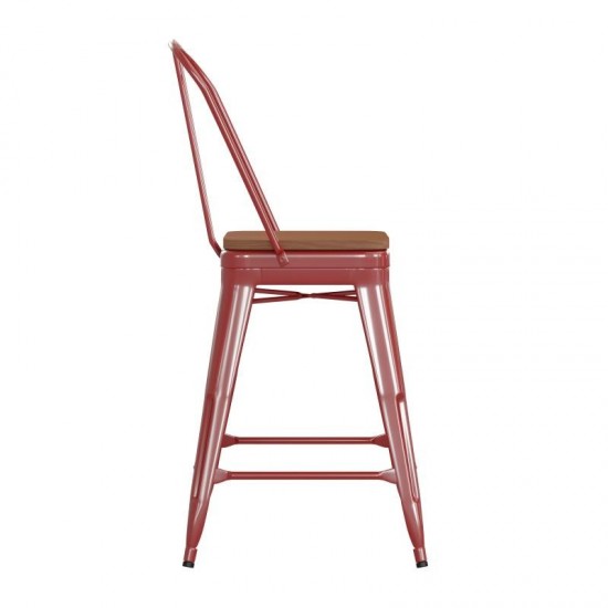 24" Red Stool-Teak Seat