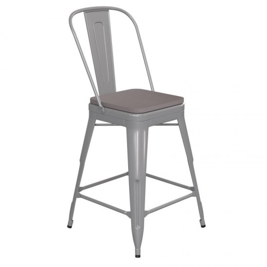 24" Silver Metal Indoor-Outdoor Counter Height Stool-Gray Seat