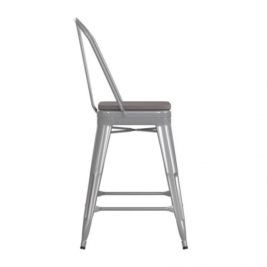 24" Silver Metal Indoor-Outdoor Counter Height Stool-Gray Seat