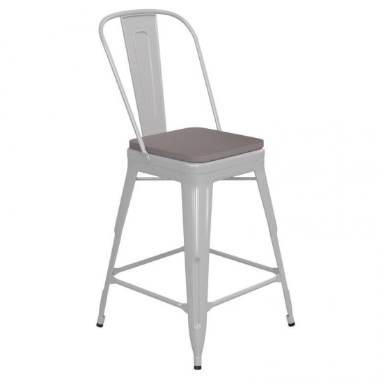 24" White Metal Indoor-Outdoor Counter Height Stool-Gray Seat