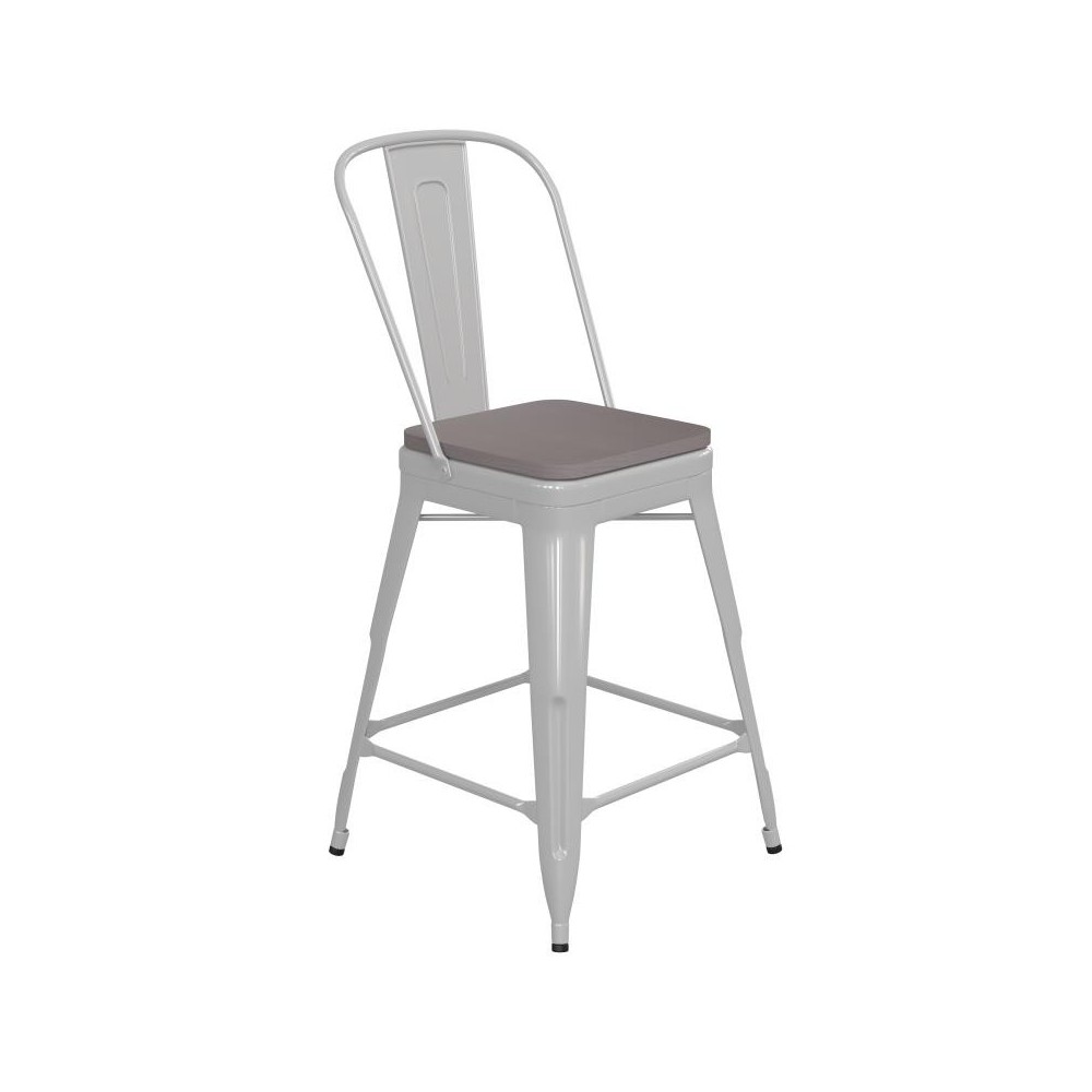 24" White Metal Indoor-Outdoor Counter Height Stool-Gray Seat