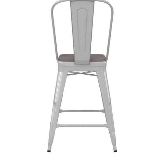 24" White Metal Indoor-Outdoor Counter Height Stool-Gray Seat