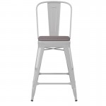 24" White Metal Indoor-Outdoor Counter Height Stool-Gray Seat