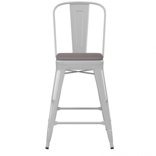 24" White Metal Indoor-Outdoor Counter Height Stool-Gray Seat