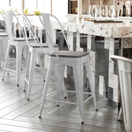 24" White Metal Indoor-Outdoor Counter Height Stool-Gray Seat