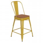 24" Yellow Metal Indoor-Outdoor Counter Height Stool-Teak Seat