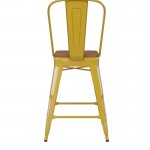 24" Yellow Metal Indoor-Outdoor Counter Height Stool-Teak Seat