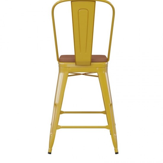 24" Yellow Metal Indoor-Outdoor Counter Height Stool-Teak Seat