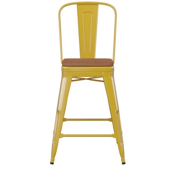 24" Yellow Metal Indoor-Outdoor Counter Height Stool-Teak Seat