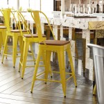 24" Yellow Metal Indoor-Outdoor Counter Height Stool-Teak Seat