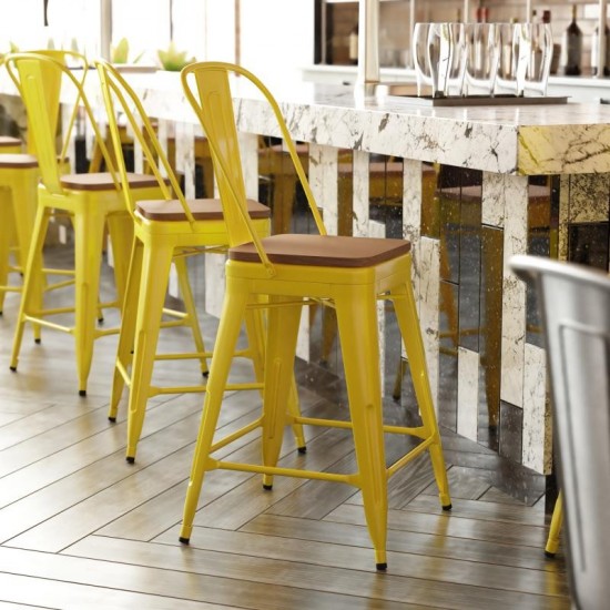 24" Yellow Metal Indoor-Outdoor Counter Height Stool-Teak Seat