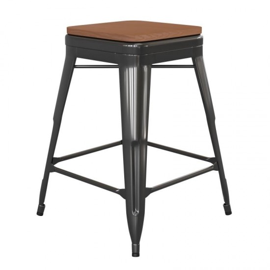 24" Black Stool-Teak Seat