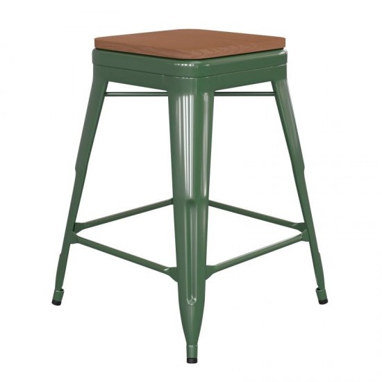 24" Green Stool-Teak Seat