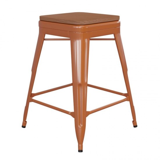 24" Orange Stool-Teak Seat