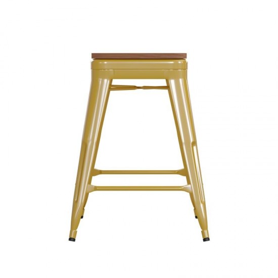 24" Yellow Stool-Teak Seat