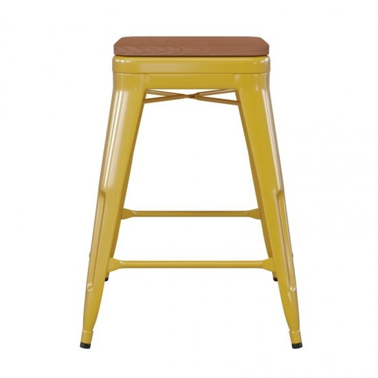 24" Yellow Stool-Teak Seat