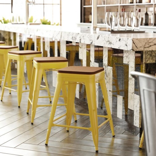 24" Yellow Stool-Teak Seat