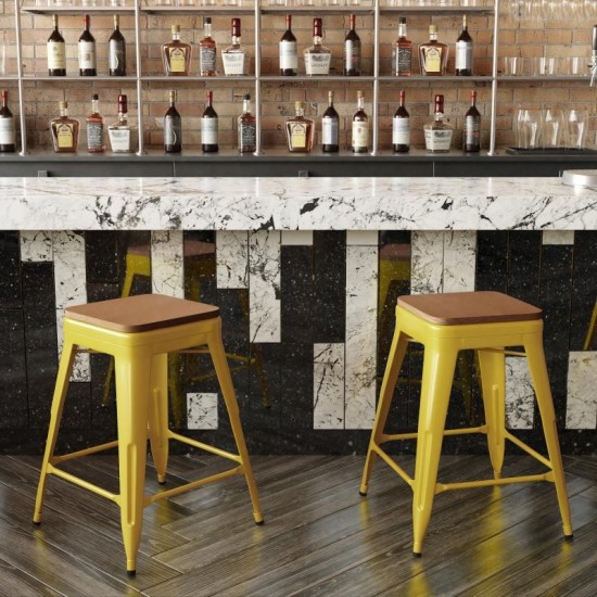 24" Yellow Stool-Teak Seat