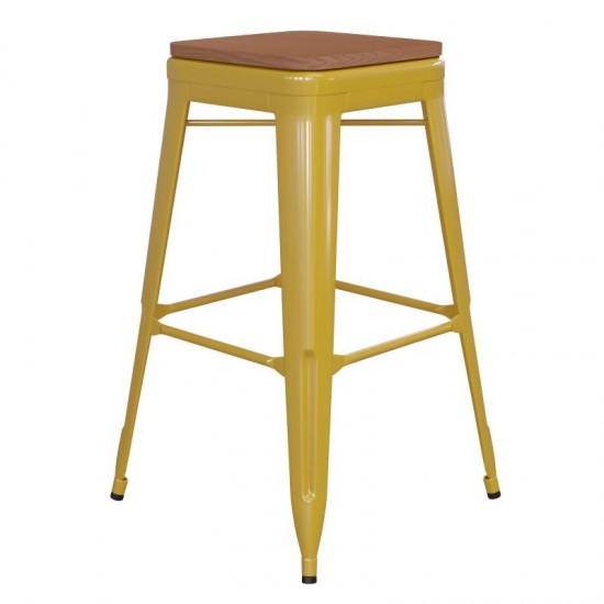 30" Yellow Stool-Teak Seat