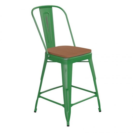 24" Green Metal Stool-Teak Seat