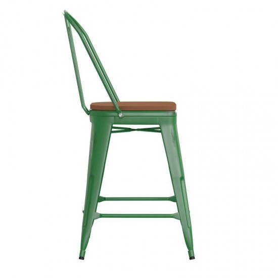 24" Green Metal Stool-Teak Seat