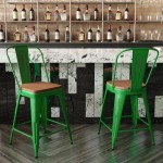 24" Green Metal Stool-Teak Seat