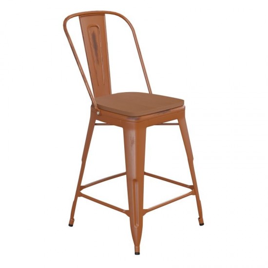 24" Orange Metal Stool-Teak Seat