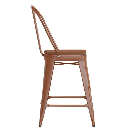 24" Orange Metal Stool-Teak Seat