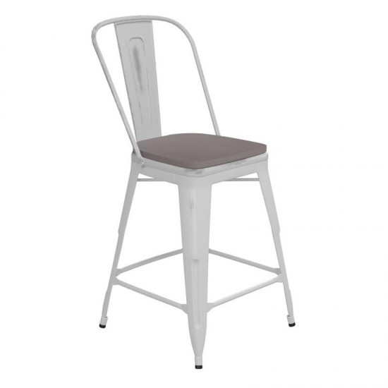 24" White Metal Stool-Gray Seat