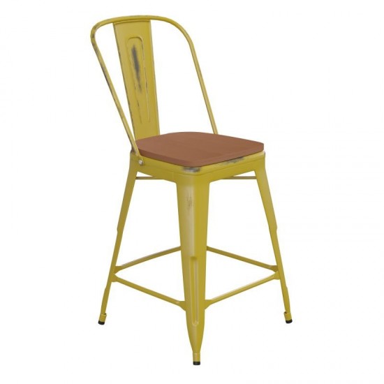 24" Yellow Metal Stool-Teak Seat